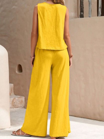 2 Sets-Cotton and linen-Round Neck Sleeveless Top and Wide Leg Pants Set