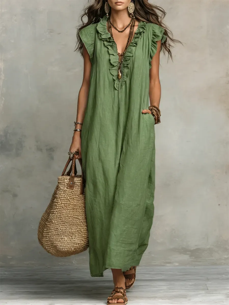 Women's Solid Color Ruffled Art Casual Fashion Cozy Cotton Linen Dress