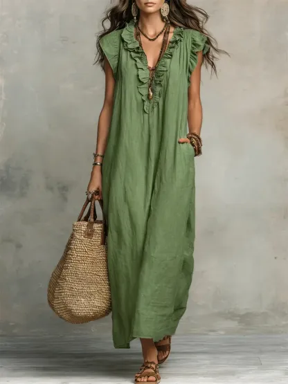 Women's Solid Color Ruffled Art Casual Fashion Cozy Cotton Linen Dress