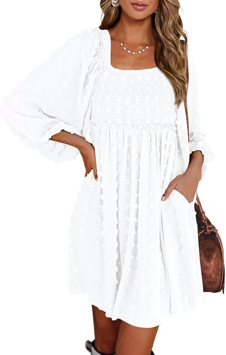 BTFBM Women Square Neck Smocked Summer Fall Dresses 2023 Long Sleeve Floral Swiss Dot Ruffle Party Mini Babydoll Dress