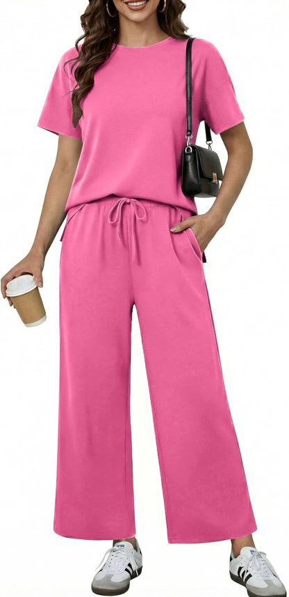 PINSPARK 2 Piece Sets for Women Soft Short Sleeve Tracksuit Wide Leg Pants Lounge Matching Set Travel Summer Outfits 2025