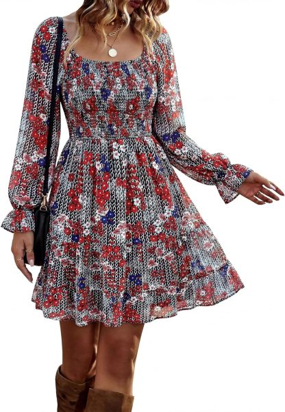 BTFBM Women Square Neck Smocked Summer Fall Dresses 2023 Long Sleeve Floral Swiss Dot Ruffle Party Mini Babydoll Dress