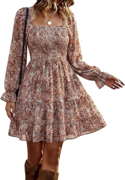 BTFBM Women Square Neck Smocked Summer Fall Dresses 2023 Long Sleeve Floral Swiss Dot Ruffle Party Mini Babydoll Dress