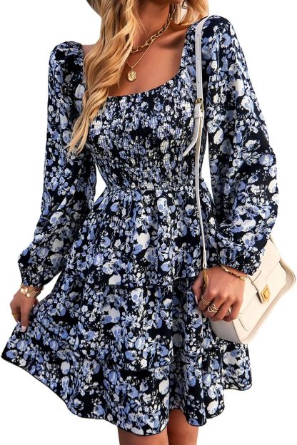 BTFBM Women Square Neck Smocked Summer Fall Dresses 2023 Long Sleeve Floral Swiss Dot Ruffle Party Mini Babydoll Dress