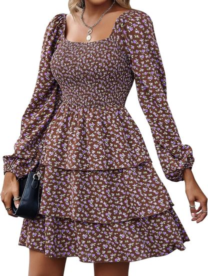 BTFBM Women Square Neck Smocked Summer Fall Dresses 2023 Long Sleeve Floral Swiss Dot Ruffle Party Mini Babydoll Dress