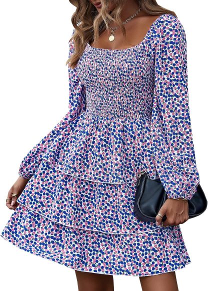 BTFBM Women Square Neck Smocked Summer Fall Dresses 2023 Long Sleeve Floral Swiss Dot Ruffle Party Mini Babydoll Dress