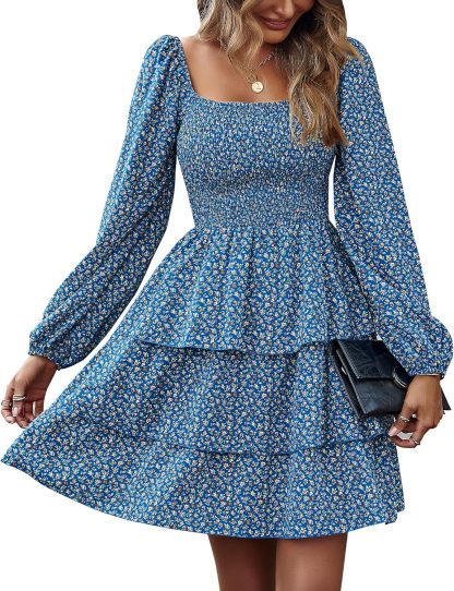 BTFBM Women Square Neck Smocked Summer Fall Dresses 2023 Long Sleeve Floral Swiss Dot Ruffle Party Mini Babydoll Dress