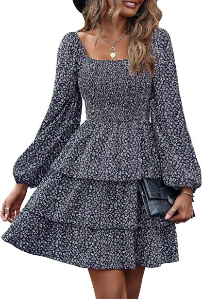 BTFBM Women Square Neck Smocked Summer Fall Dresses 2023 Long Sleeve Floral Swiss Dot Ruffle Party Mini Babydoll Dress