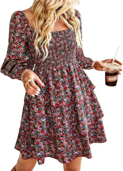 BTFBM Women Square Neck Smocked Summer Fall Dresses 2023 Long Sleeve Floral Swiss Dot Ruffle Party Mini Babydoll Dress