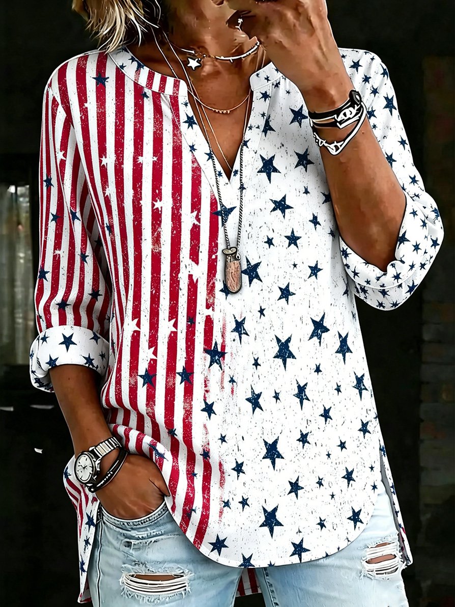 Women's Retro-Art American Flag Crewneck Top with V-Notch