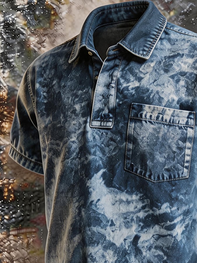 🗽Men's Tie-Dye Washed Denim Polo Shirt, American Flag Patch Sleeve Chest Pocket Vintage Casual Short Sleeve Streetwear Top