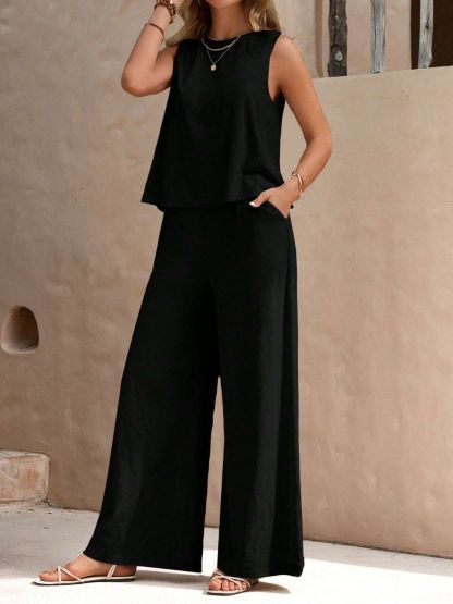 2 Sets-Cotton and linen-Round Neck Sleeveless Top and Wide Leg Pants Set