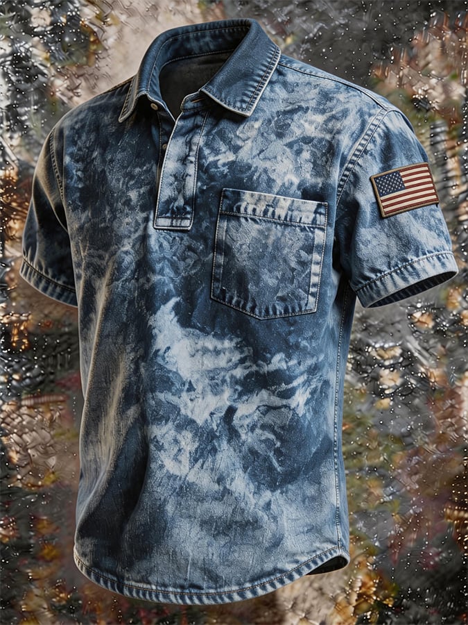 🗽Men's Tie-Dye Washed Denim Polo Shirt, American Flag Patch Sleeve Chest Pocket Vintage Casual Short Sleeve Streetwear Top