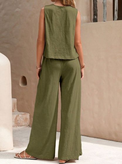 2 Sets-Cotton and linen-Round Neck Sleeveless Top and Wide Leg Pants Set