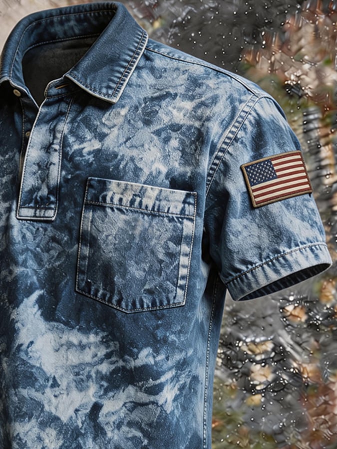 🗽Men's Tie-Dye Washed Denim Polo Shirt, American Flag Patch Sleeve Chest Pocket Vintage Casual Short Sleeve Streetwear Top