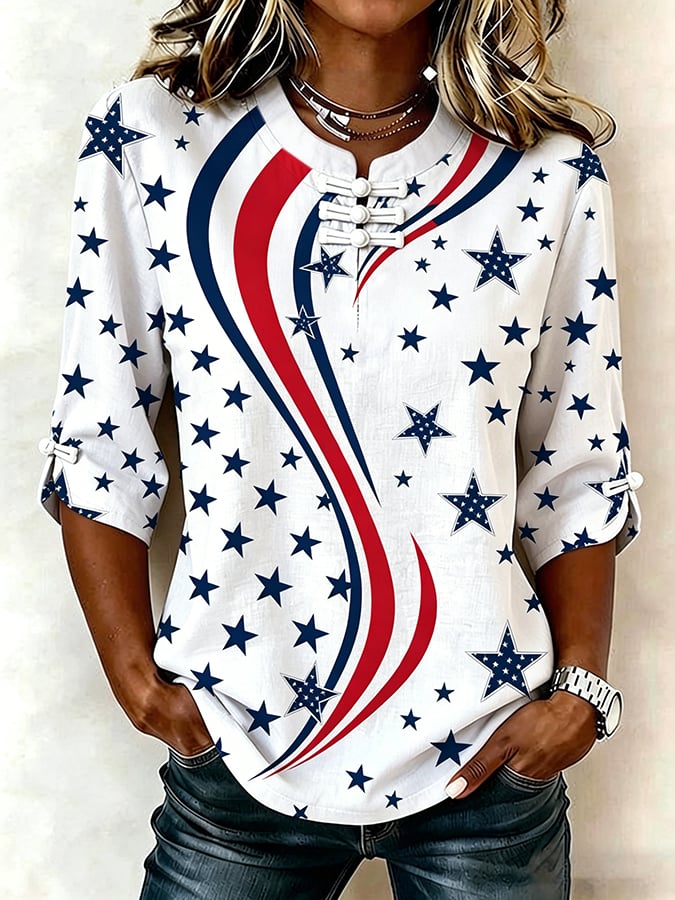 Women's Retro American Flag Print Button-Up Top