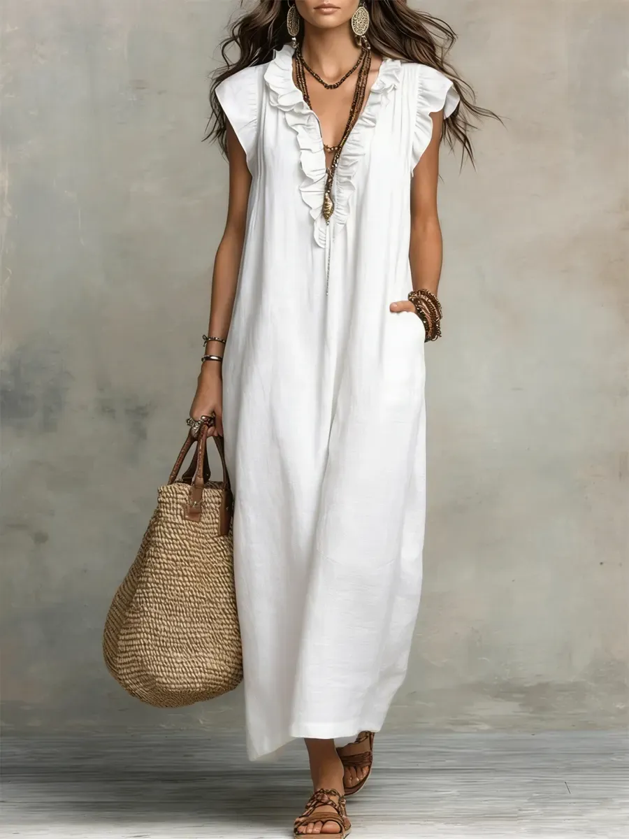 Women's Solid Color Ruffled Art Casual Fashion Cozy Cotton Linen Dress