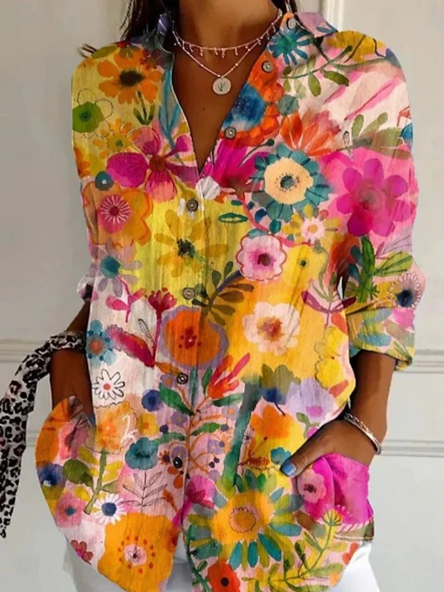 Women's Embroidered Floral Pattern Linen Blend Street Shirt