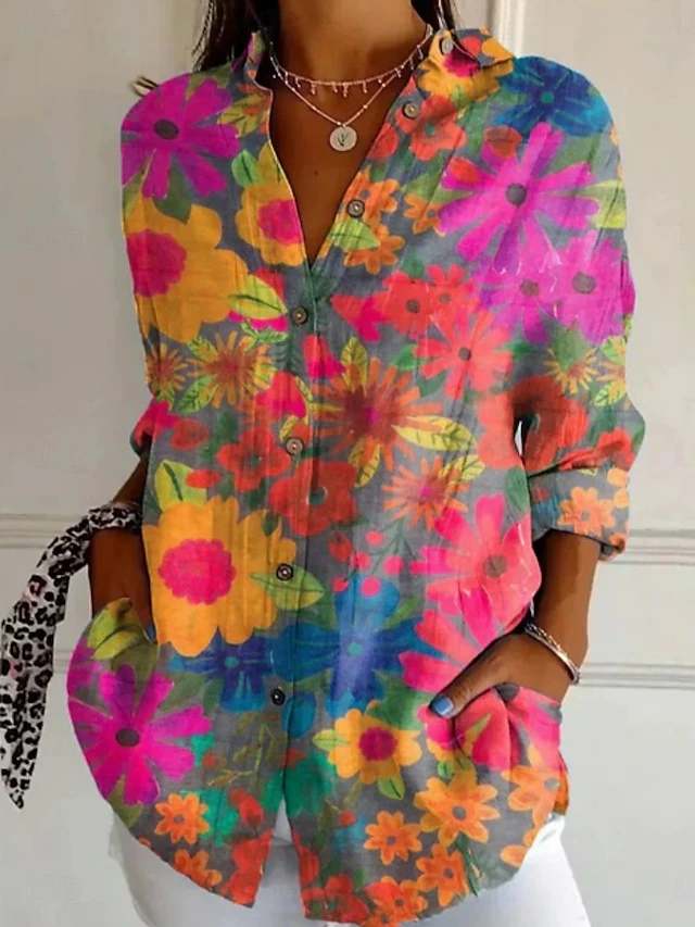 Women's Embroidered Floral Pattern Linen Blend Street Shirt