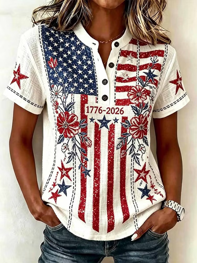 Ladies' Leisure 250Th Anniversary National Day Celebration Printed Henry Top