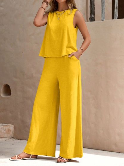 2 Sets-Cotton and linen-Round Neck Sleeveless Top and Wide Leg Pants Set