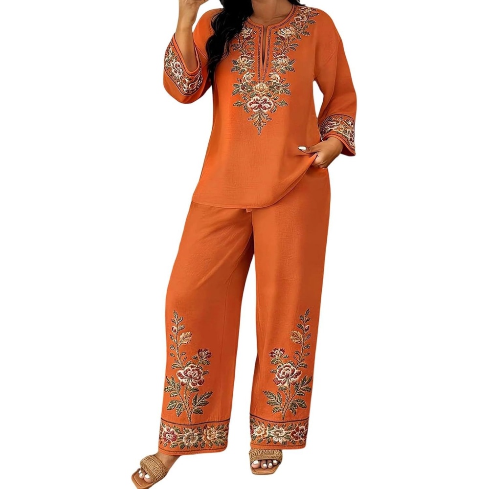 Women Ethnic Floral Lace 2 Piece Blouse & Pants Set