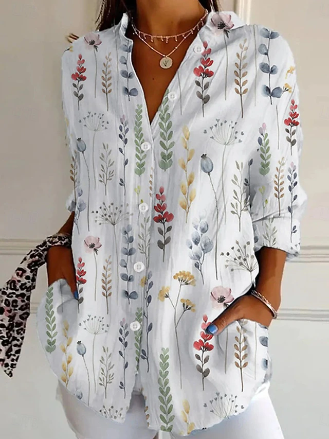 Women's Embroidered Floral Pattern Linen Blend Street Shirt