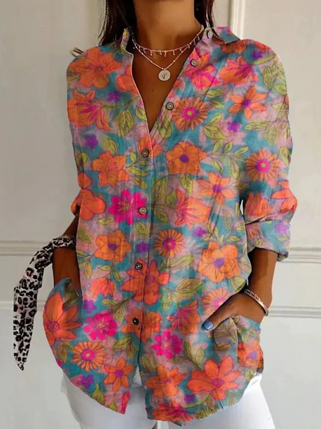 Women's Embroidered Floral Pattern Linen Blend Street Shirt