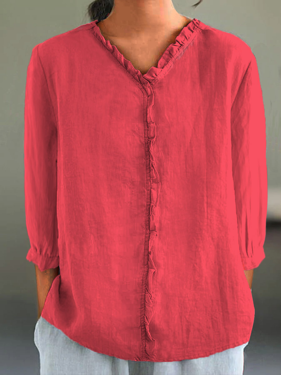 Women's Casual Cotton And Linen Ruffle Collar 3/4 Sleeve Shirt