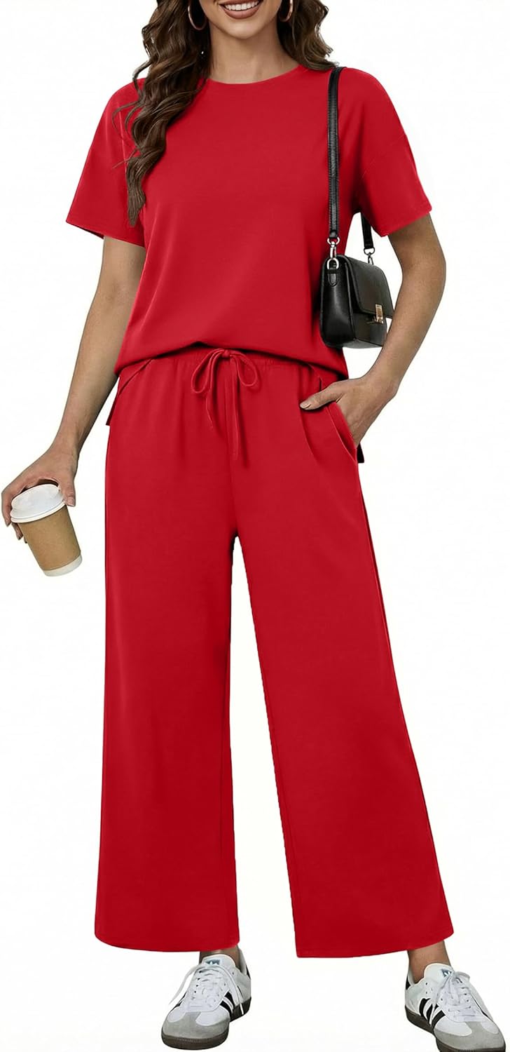 PINSPARK 2 Piece Sets for Women Soft Short Sleeve Tracksuit Wide Leg Pants Lounge Matching Set Travel Summer Outfits 2025