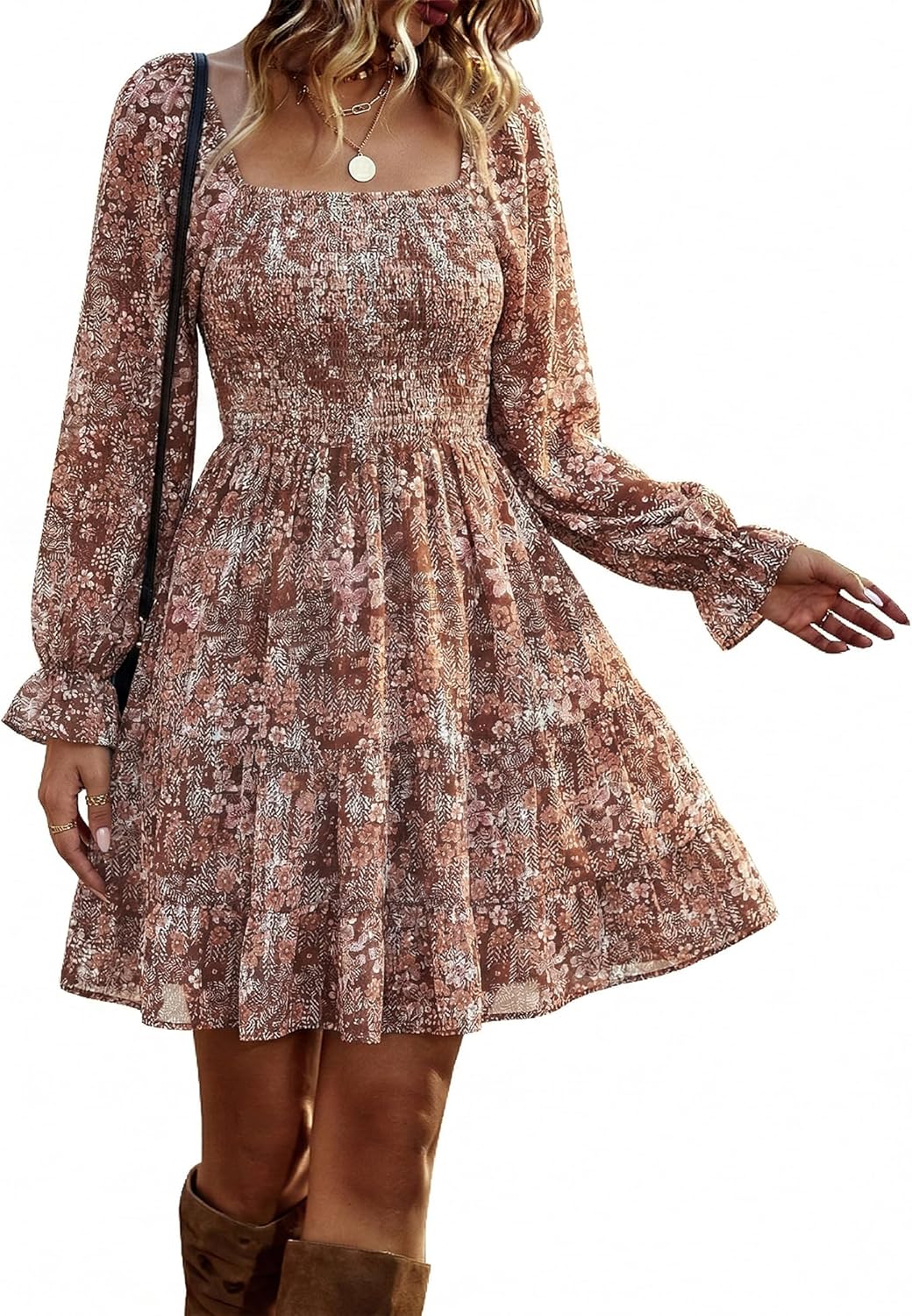 BTFBM Women Square Neck Smocked Summer Fall Dresses 2023 Long Sleeve Floral Swiss Dot Ruffle Party Mini Babydoll Dress