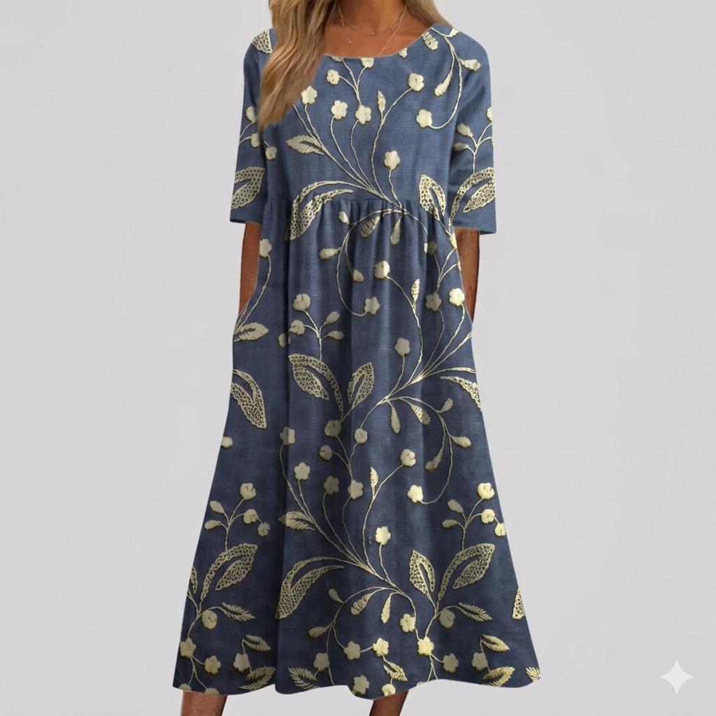Women's Vintage Floral Art Print Pocket Cotton Dress