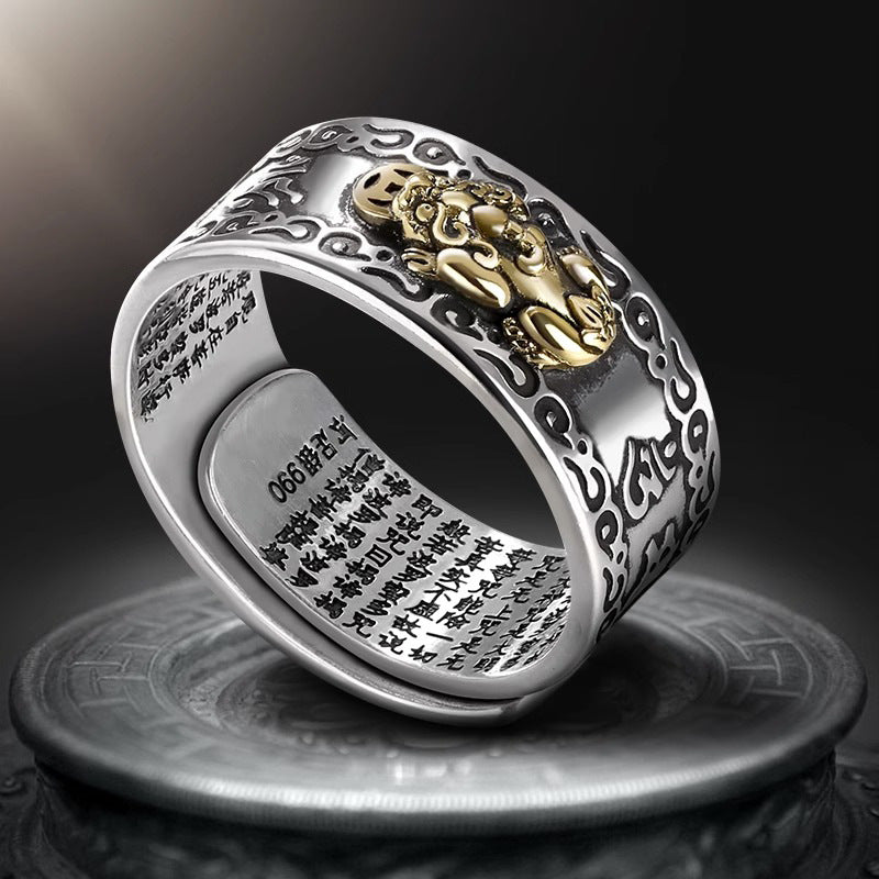 Feng Shui Pixiu Mantra Ring, Pixiu Amulet Ring, 990 Silver Buddhist Good Luck Amulet with Mantra for Double Protection