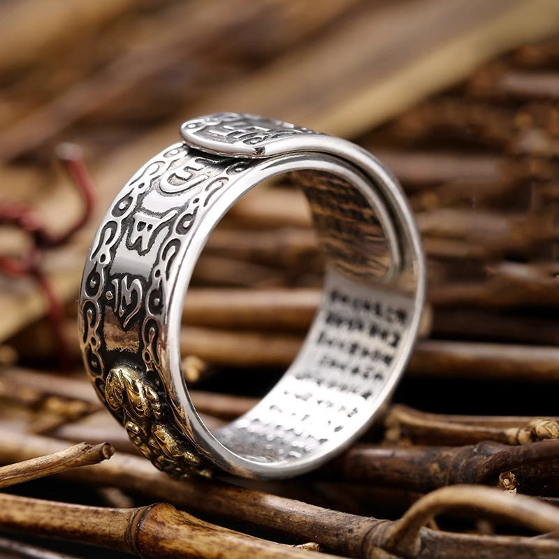 Feng Shui Pixiu Mantra Ring, Pixiu Amulet Ring, 990 Silver Buddhist Good Luck Amulet with Mantra for Double Protection