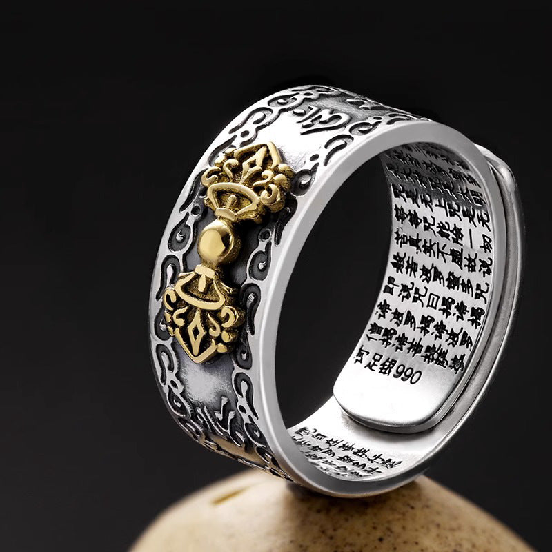 Feng Shui Pixiu Mantra Ring, Pixiu Amulet Ring, 990 Silver Buddhist Good Luck Amulet with Mantra for Double Protection