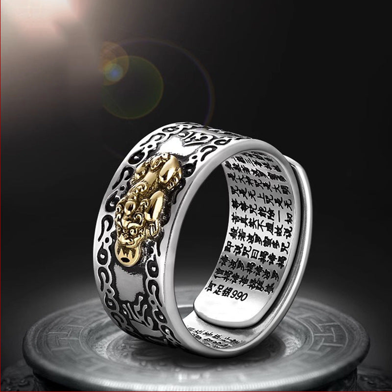 Feng Shui Pixiu Mantra Ring, Pixiu Amulet Ring, 990 Silver Buddhist Good Luck Amulet with Mantra for Double Protection