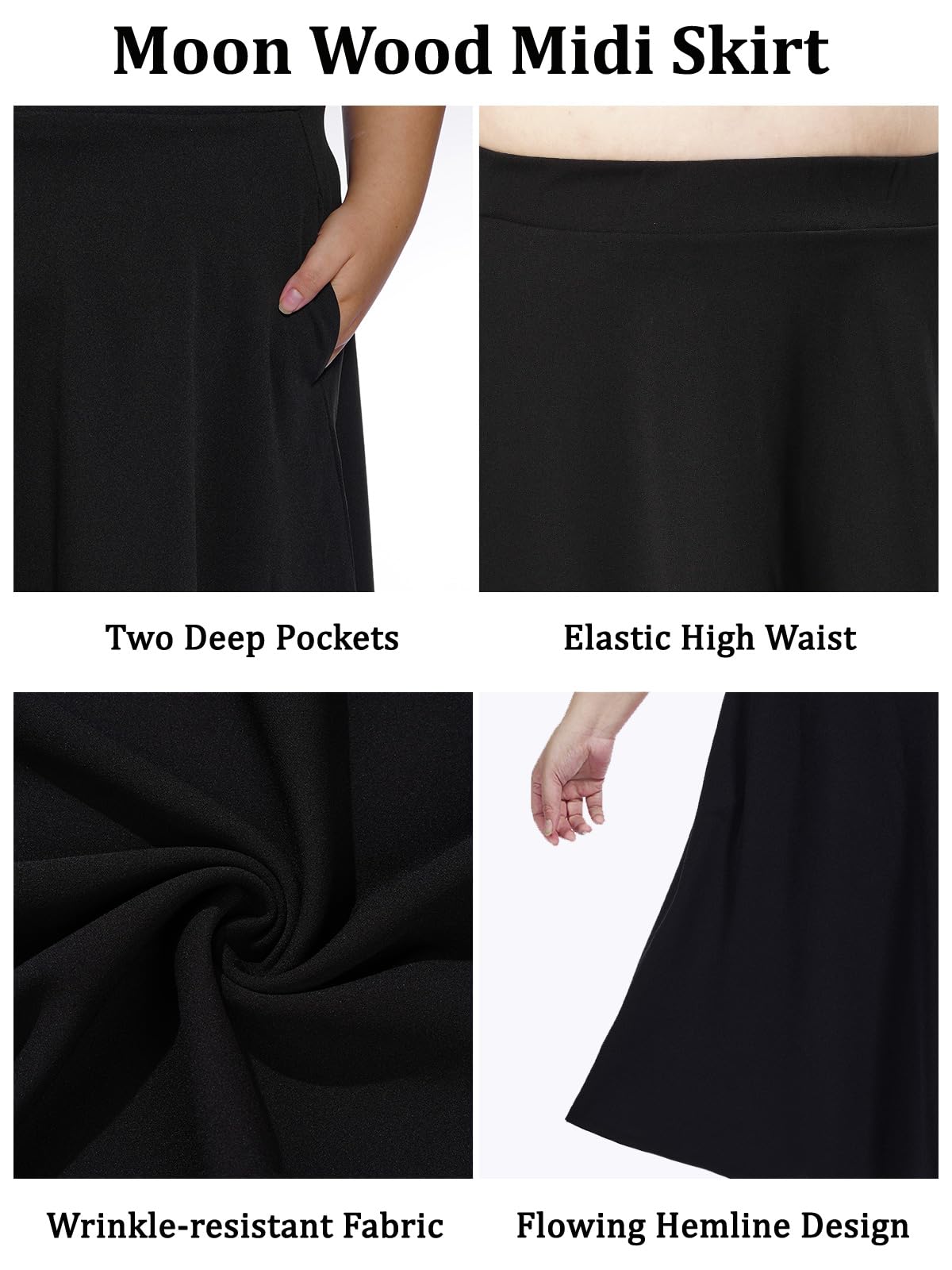 Plus Size Midi Skirt High Elastic Waist - Black