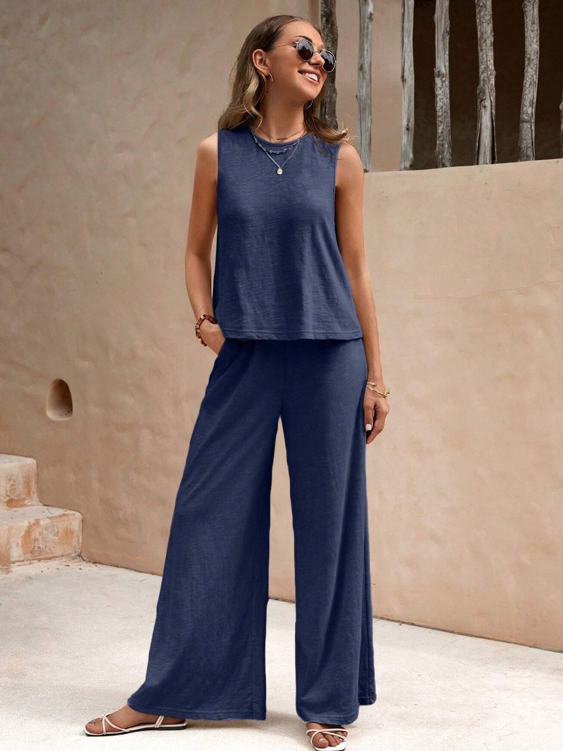 2 Sets-Cotton and linen-Round Neck Sleeveless Top and Wide Leg Pants Set