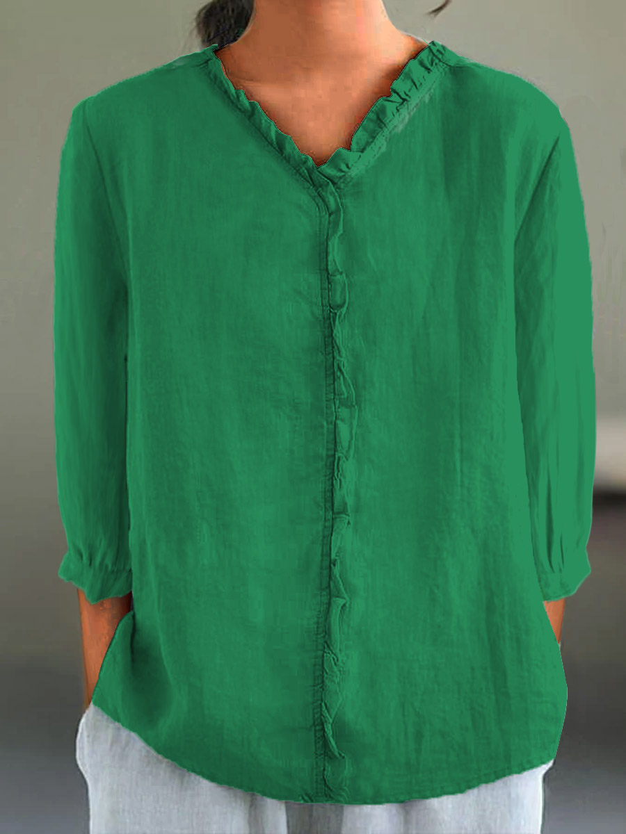 Women's Casual Cotton And Linen Ruffle Collar 3/4 Sleeve Shirt