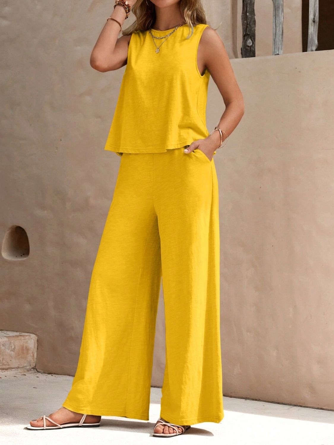 2 Sets-Cotton and linen-Round Neck Sleeveless Top and Wide Leg Pants Set