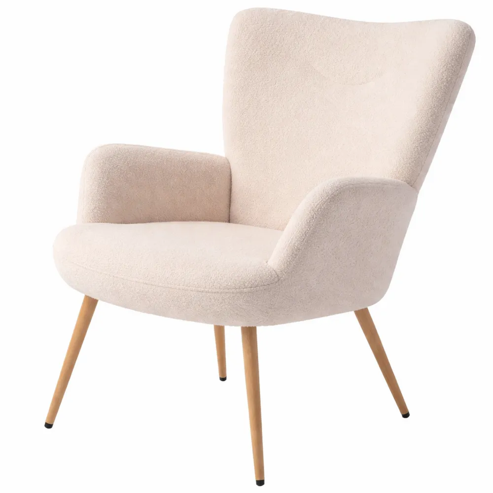 Poltrona Moderna in Tessuto Sherpa con Schienale Alto e Braccioli, Beige