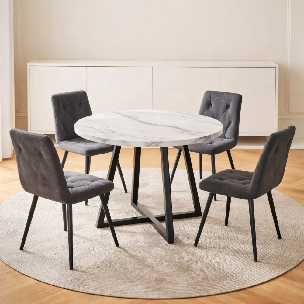 Tavolo da pranzo rotondo con effetto marmo per 2-4 persone, struttura in metallo regolabile, design industriale per casa e ristorazione
