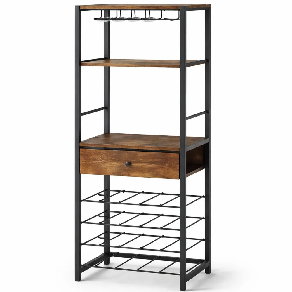 Portabottiglie in Legno a 4 Livelli con Cassetto e Portabicchieri, Capacità 16 Bottiglie per Cucina e Sala da Pranzo