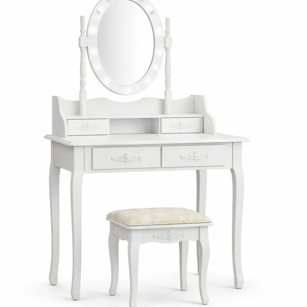 Toeletta con Specchio Girevole e Luci LED, Luminosità Regolabile, con Sgabello e 4 Cassetti, Tavolo da Trucco per Camera da Letto, 146x75x40cm, Bianco