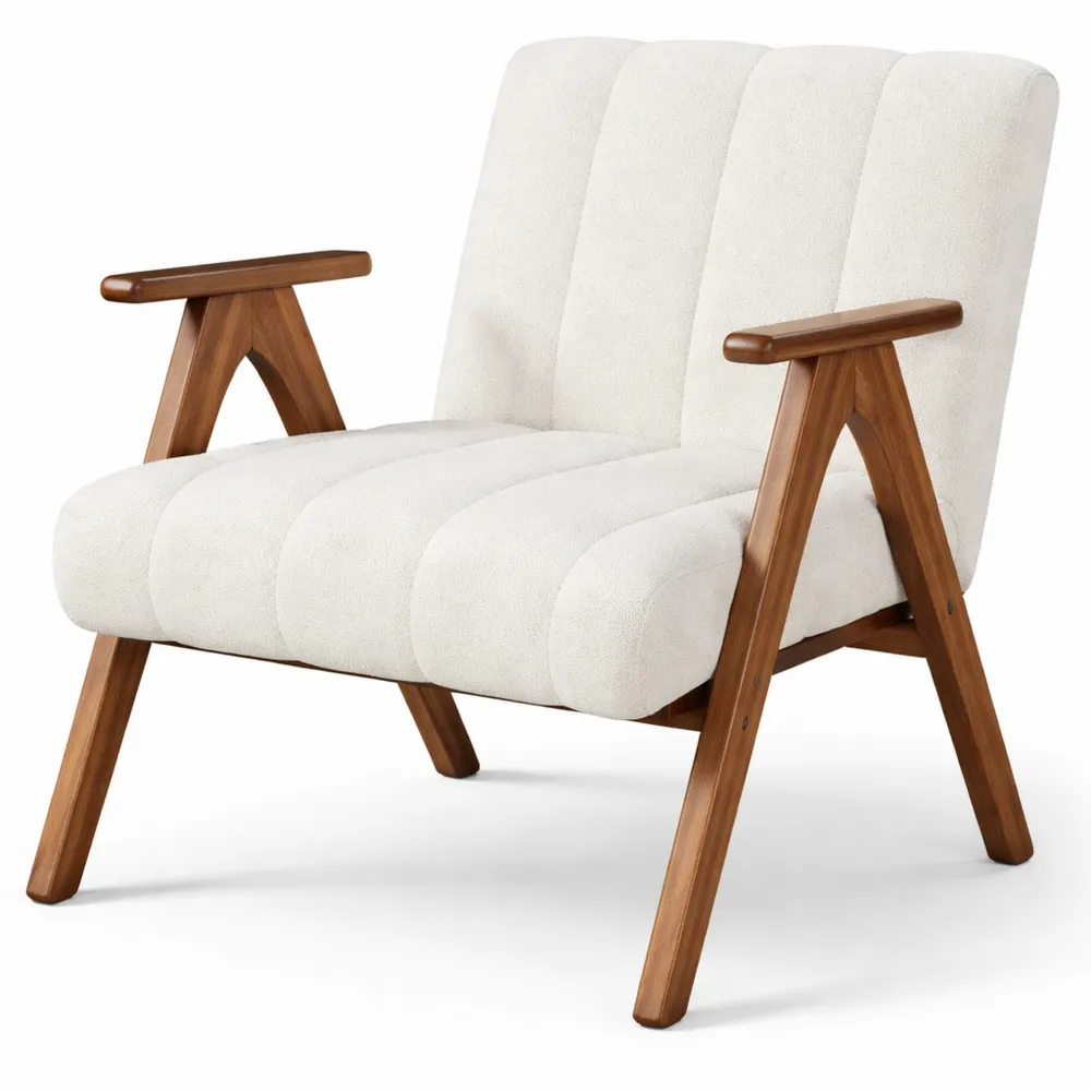 Poltrona Imbottita Moderna in Tessuto Bouclé con Gambe in Legno per Salotto e Camera da Letto