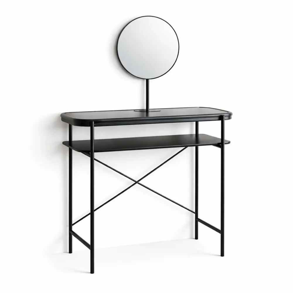 Tavolo da trucco con specchio e piano in vetro nero
