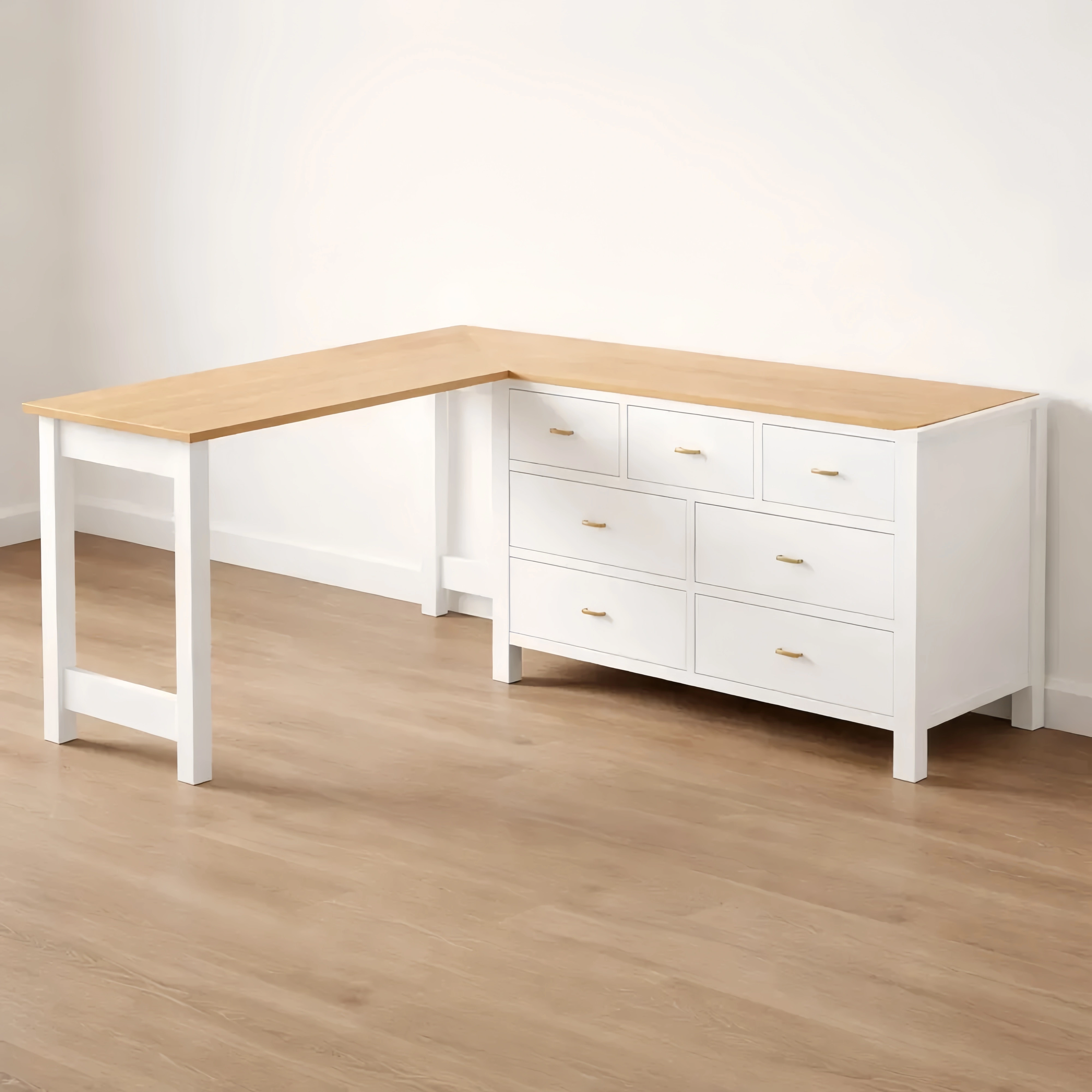 Scrivania angolare a L con 7 cassetti e piano girevole a 360° in effetto rovere