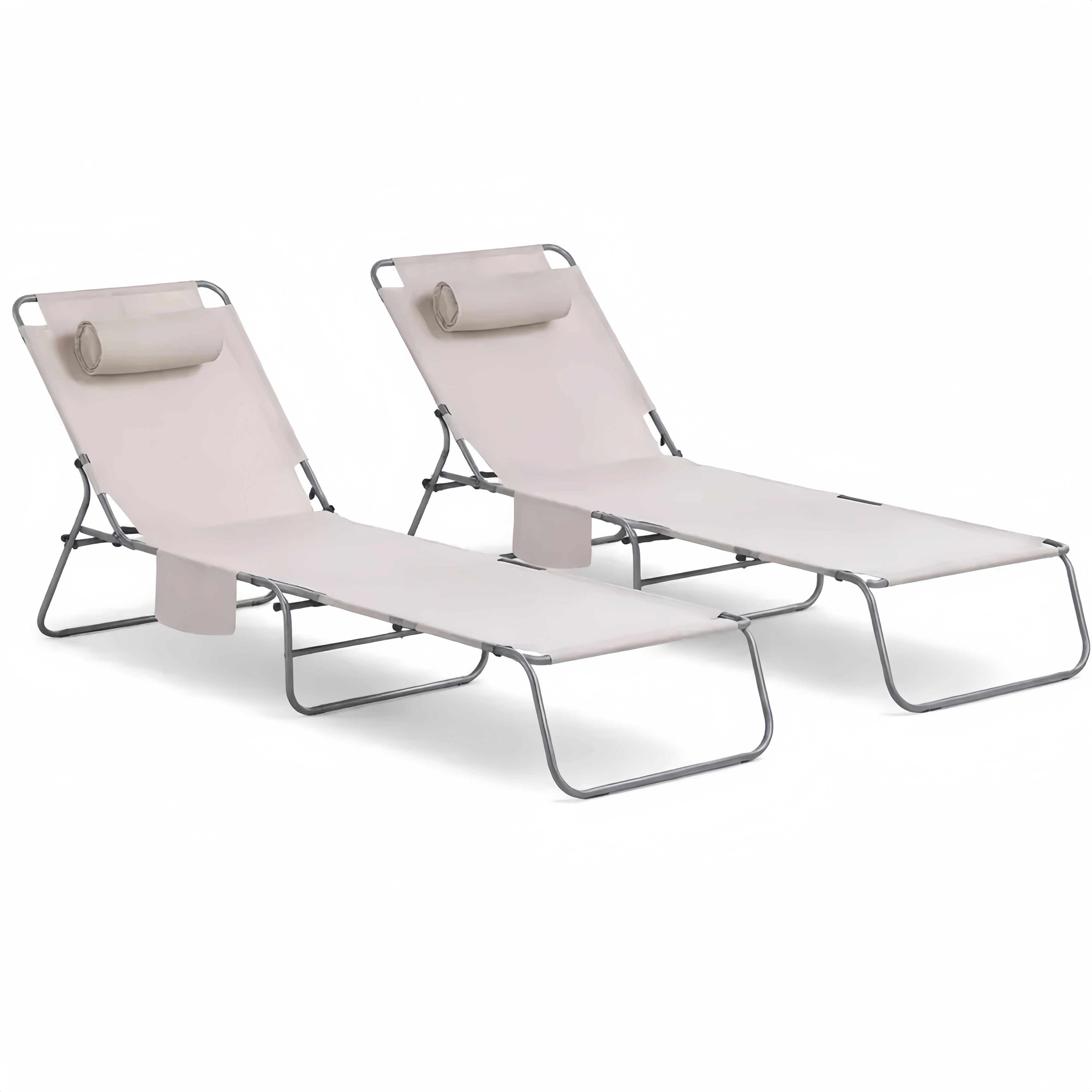 Set di 2 Lettini Prendisole con Cuscino e Tasca Laterale per Esterno, Sdraio Pieghevole Beige 155x56x81cm