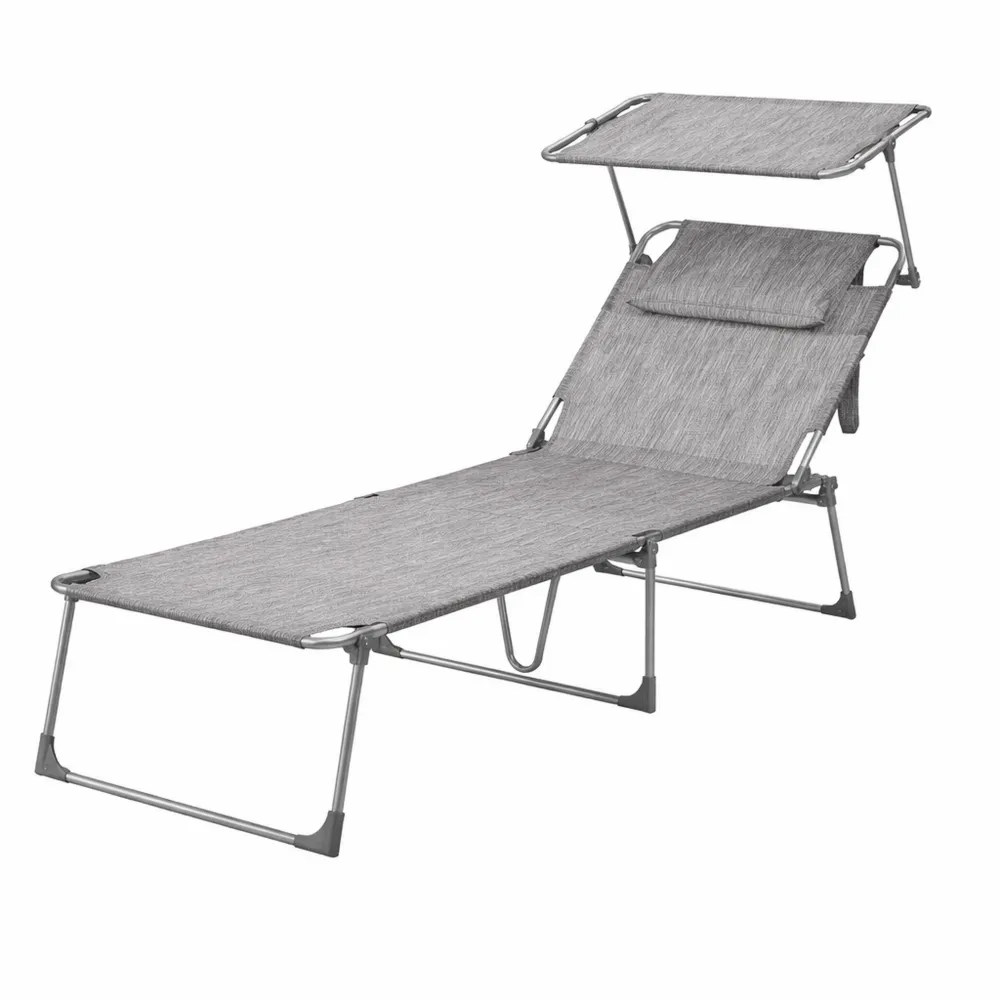 Lettino Prendisole Pieghevole con Poggiatesta e Schienale Reclinabile, per Terrazzo e Giardino, Beige