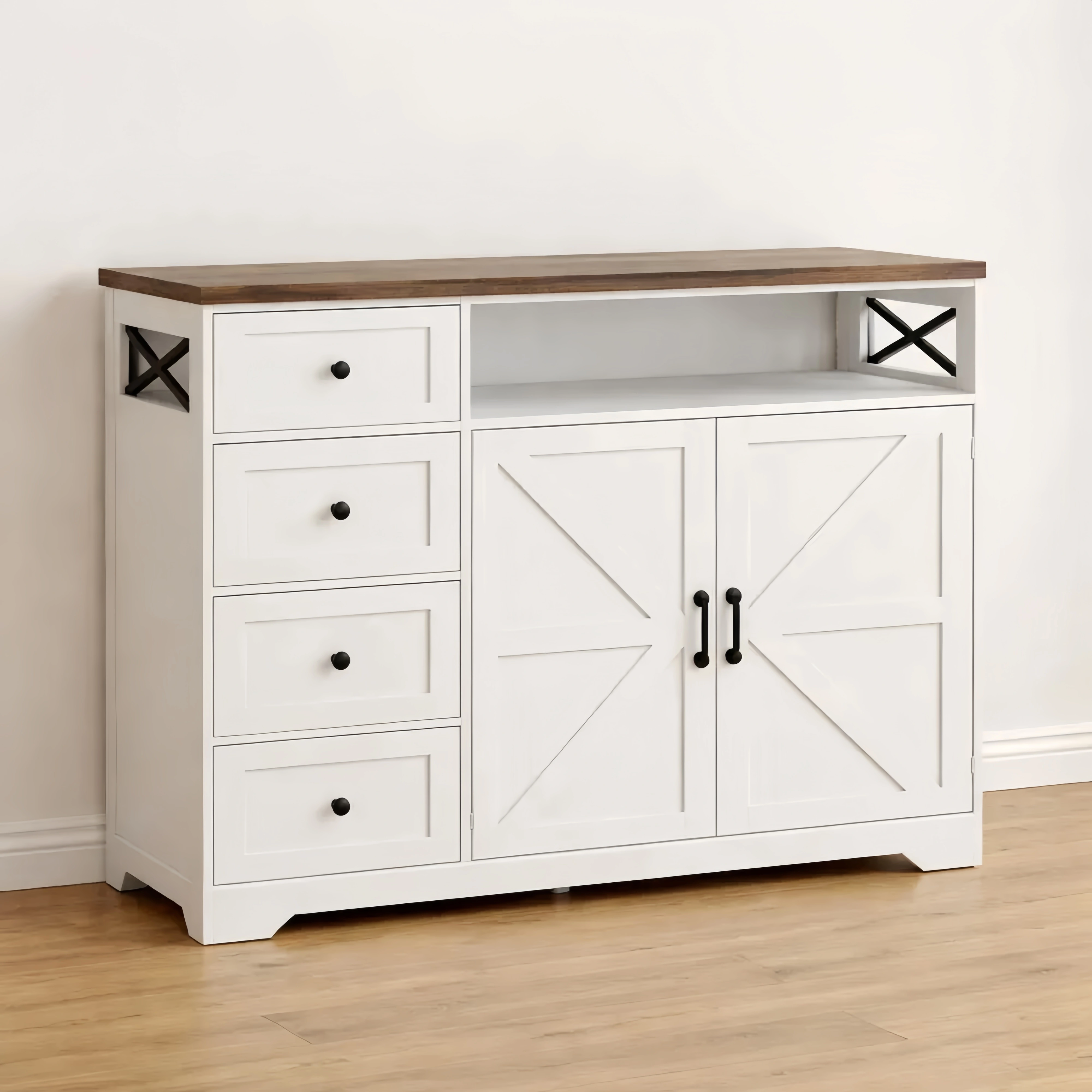 Mobile contenitore con cassetti e scaffali aperti, 120 x 35 x 95 cm, bianco